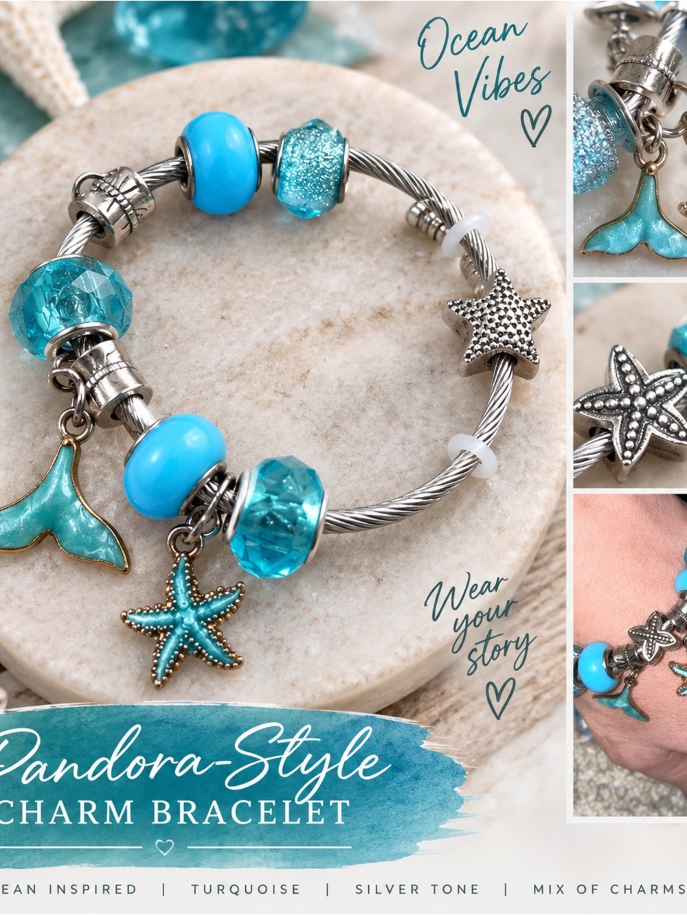 Turquoise Ocean Charm Bracelet - Silver Tone